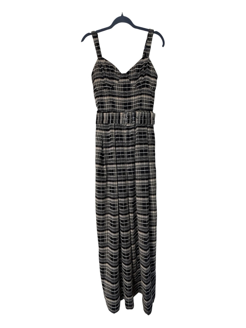Flying Tomato Black and Cream Plaid Belted Wide Leg Jumpsuit